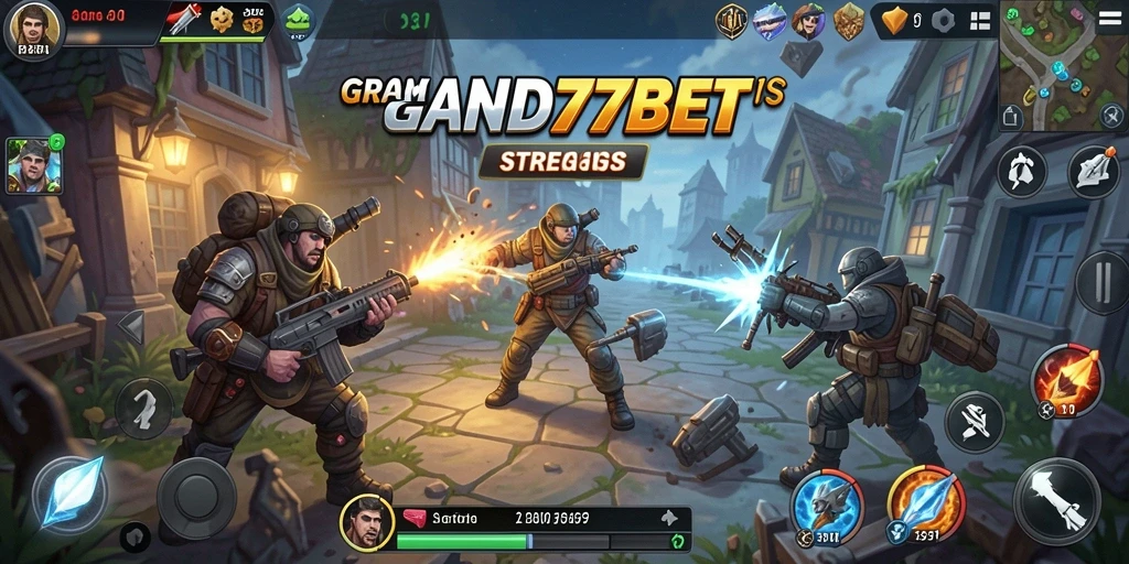 Menampilkan aksi gameplay mendebarkan dari GRAND77BET di arena perang.