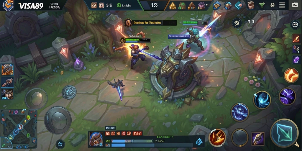 Screenshot utama VISA89 menampilkan aksi duel seru dalam permainan MOBA.